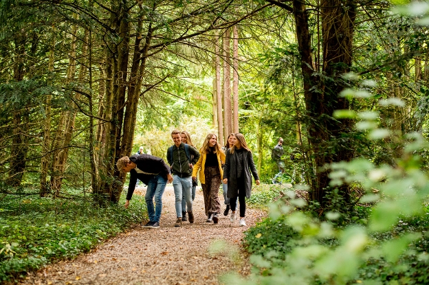 students walking in the woods